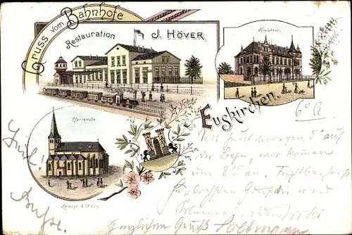 Litho Euskirchen Nordrhein Westfalen, Bahnhof, Restaurant Höver, Kreishaus, Pfarrkirche