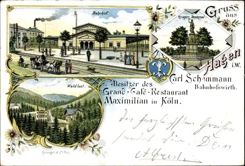 Litho Hagen in Westfalen, Bahnhof, Kriegerdenkmal, Waldlust, Bahnhofswirt Carl Schemmann
