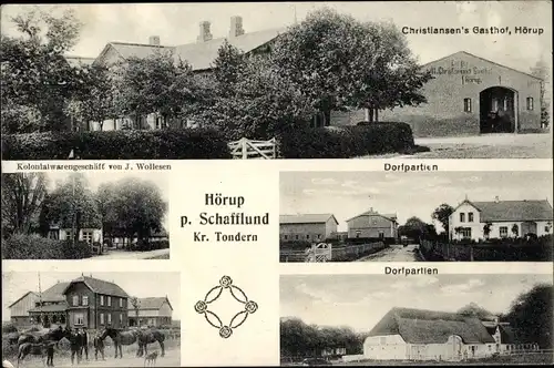 Ak Hörup in Schleswig Holstein, Christiansen's Gasthof, Dorfpartien,Kolonialwaren J. Wollesen,Pferde
