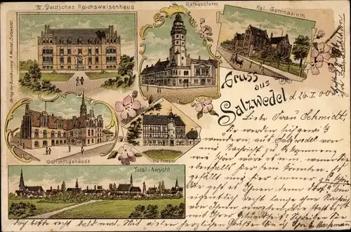 Litho Salzwedel in der Altmark, Deutsches Reichswaisenhaus, Rathausturm, Gymnasium, Probstei