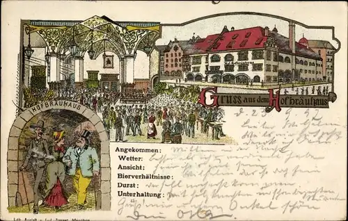 Litho München Bayern, Ansicht vom Hofbräuhaus, Besucher