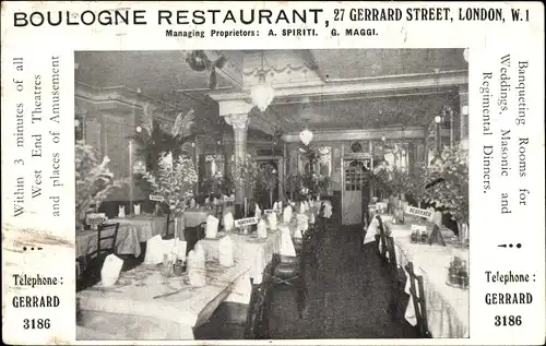 Ak London City, Boulogne Restaurant, 27 Gerrard Street, A. Spiriti, G. Maggi