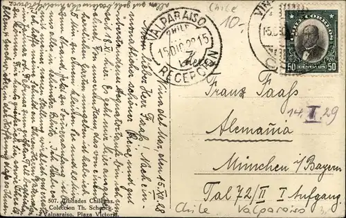 Ak Valparaíso Chile, Plaza Victoria, Platz, Turmuhr, Denkmal