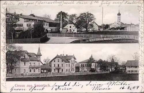 Ak Sauerlach in Oberbayern, Teilansichten vom Ort, Kirchturm