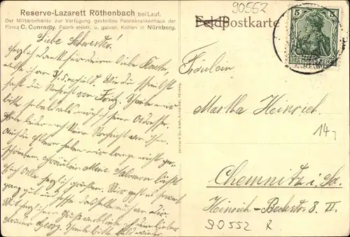 Ak Röthenbach Pegnitz Mittelfranken, Reserve Lazarett, Firma C. Conradty