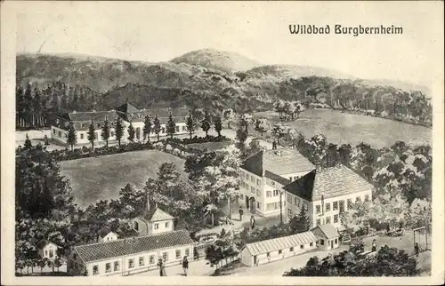 Künstler Ak Burgbernheim in der Frankenhöhe Bayern, Wildbad, Vogelschau