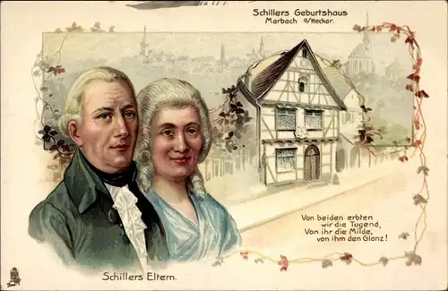Litho Marbach Neckar, Schriftsteller Friedrich von Schiller, Geburtshaus, Eltern, Tuck Serie 316 B