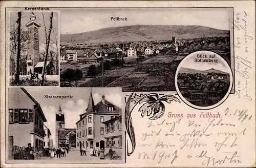 Ak Fellbach im Rems Murr Kreis, Blick auf Rothenberg, Kernenturm, Straßenpartie