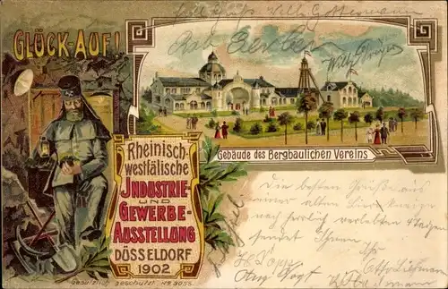 Litho Düsseldorf Rhein, Rheinisch Westf. Industrie und Gewerbeausstellung 1902, Bergbaulicher Verein