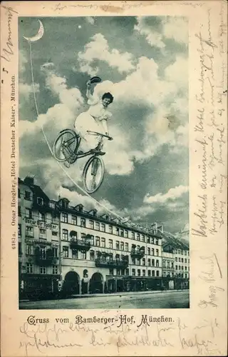 Ak München Bayern, Bamberger Hof, Mond, Frau auf einem Fahrrad, Hochseil