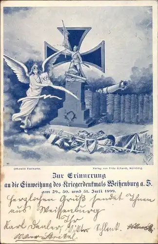 Künstler Ak Weißenburg in Mittelfranken Bayern, Einweihung des Kriegerdenkmals am 29. Juli 1899