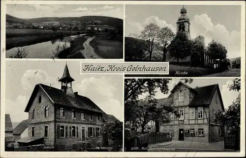 Ak Haitz Gelnhausen im Main Kinzig Kreis Hessen, Kirche, Schule, Gemischtwaren Wilh. Noll