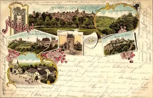 Litho Nideggen in der Eifel, Burg, Hotel L. Heinen, Zülpicher Tor