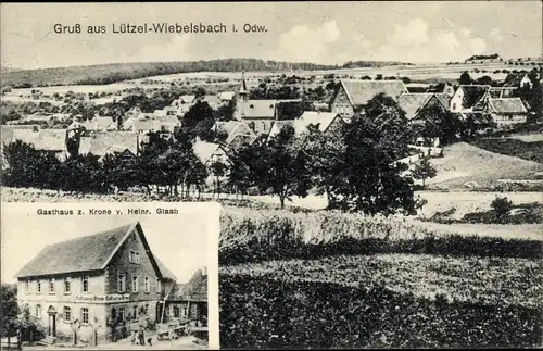 Ak Lützel Wiebelsbach Lützelbach im Odenwaldkreis Hessen, Totalansicht,Gasthaus zur Krone,Inh. Glaab