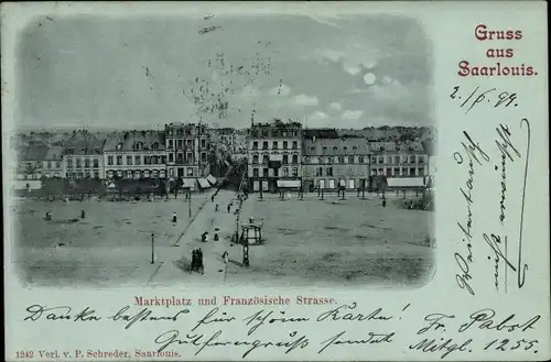 Mondschein Ak Saarlouis im Saarland, Marktplatz und Französische Straße