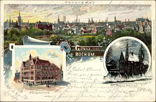 Litho Bochum im Ruhrgebiet, Totalansicht, Bergschule, Haus Rechen