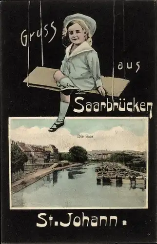 Passepartout Ak St. Johann Saarbrücken im Saarland, Partie an der Saar, Kind auf einer Schaukel