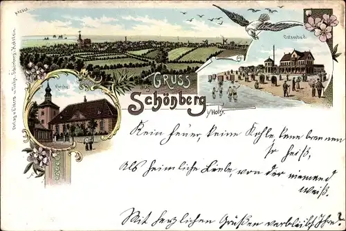 Litho Schönberg Schleswig Holstein, Totalansicht vom Ort, Ostseebad, Kirche