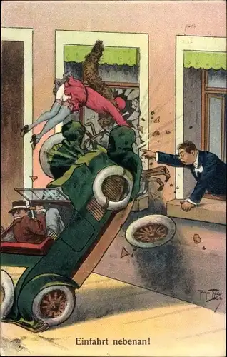 Künstler Ak Thiele, A., Einfahrt nebenan, Autounfall, Auto stößt gegen Hauswand