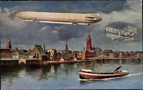 Ak Frankfurt am Main, Eiserner Steg, Zeppelin, Doppeldecker, Dampfer, ILA