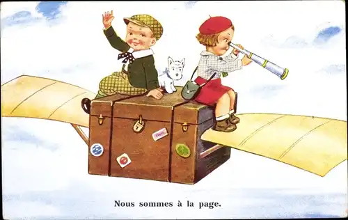 Künstler Ak Wills, John, Koffer als Flieger, zwei Kinder, Hund