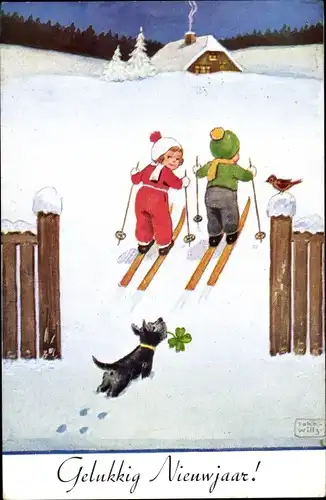 Künstler Ak Wills, John, Neujahr, Hund mit Kleeblatt, Schneelandschaft, Kinder, Ski