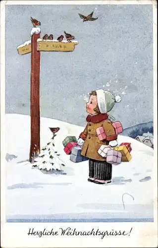 Künstler Ak Wills, John, Weihnachten, Wegweiser, Kind, Geschenke