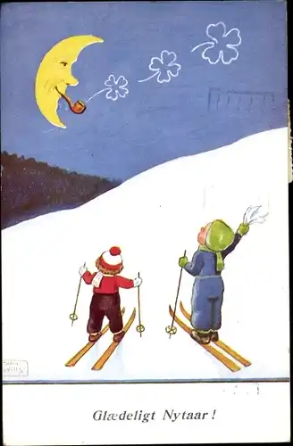 Künstler Ak Wills, John, Neujahr, Kinder, Ski, Halbmond mit Pfeife, Kleeblätter