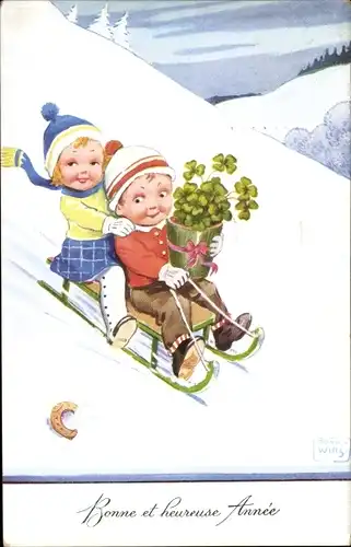 Künstler Ak Wills, John, Fröhliches Neujahr, Kinder auf einem Schlitten, Kleeblätter, Hufeisen