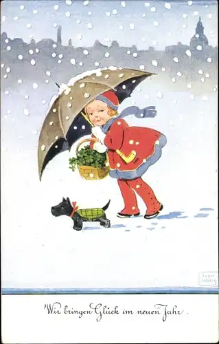 Künstler Ak Wills, John, Neujahr, Mädchen mit Regenschirm, Kleeblätter, Hund