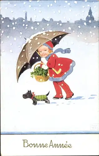 Künstler Ak Wills, John, Neujahr, Mädchen mit Regenschirm, Kleeblätter, Hund
