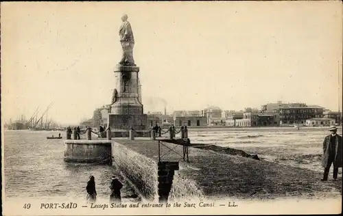 Ak Port Said Ägypten Lesseps-Statue und Eingang zum Suezkanal