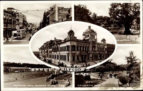 Ak Ilford London England, Broadway, Rathaus, Barking Park, Schwimmbad