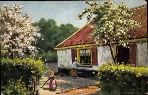 Künstler Ak Gerstenhauer, Johann Georg, niederländisches Dorfmotiv, Wohnhaus, Baumblüte