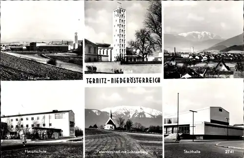 Ak Ternitz Niederösterreich, Stadthalle, Kirche, Schneeberg, Hauptschule