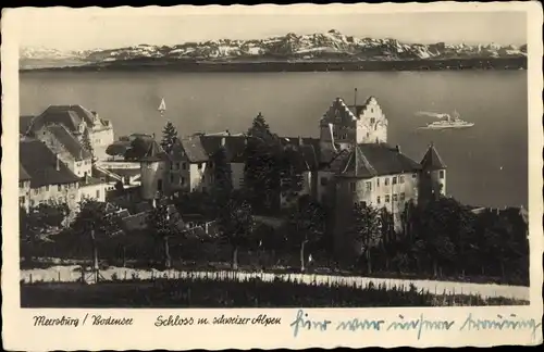 Ak Meersburg am Bodensee, Schloss, Schweizer Alpen