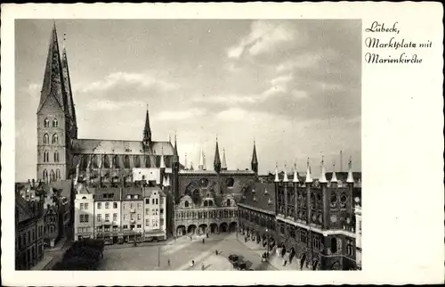 Ak Hansestadt Lübeck, Marktplatz, Marienkirche