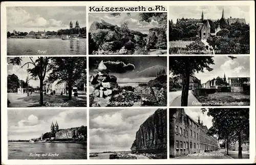 Ak Kaiserswerth Düsseldorf am Rhein, Ruine mit Kirche, Gesamtansicht, Markt, Stammhaus, Marktstraße