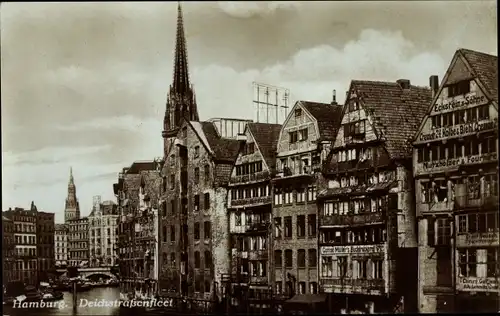 Ak Hamburg Mitte Altstadt, Alte Häuser am Deichstraßenfleet, Brücke, Kirche