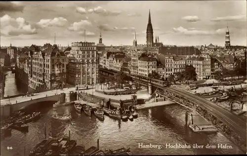 Ak Hamburg, Hochbahn über dem Hafen