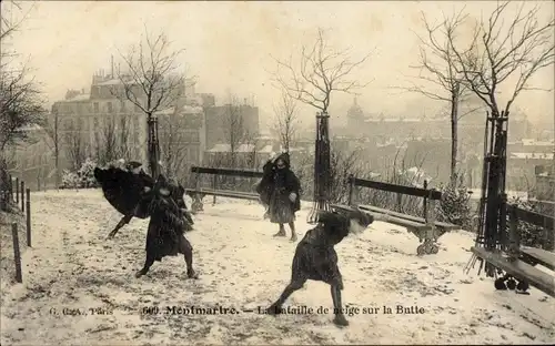 Ak Montmartre Paris, The Snow Battle, Schneeballschlacht