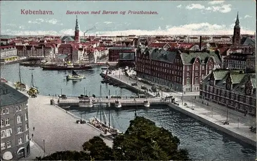 Ak København Kopenhagen Dänemark, Børsbroen med Børsen og Privatbanken