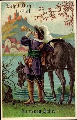 Ak Glückwunsch Neujahr, Trompeter von Säckingen, Pferd