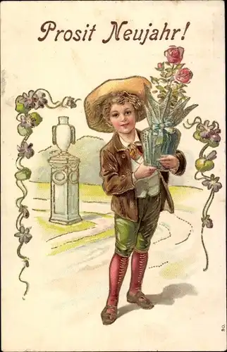 Präge Ak Glückwunsch Neujahr, Kind, Rose, Blumenvase