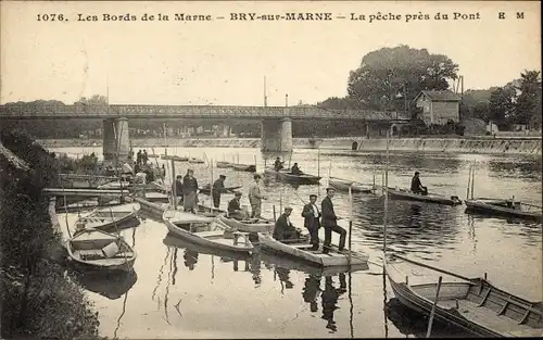 Ak Bry sur Marne Val de Marne, Brücke, Flussufer, Angler, Boote