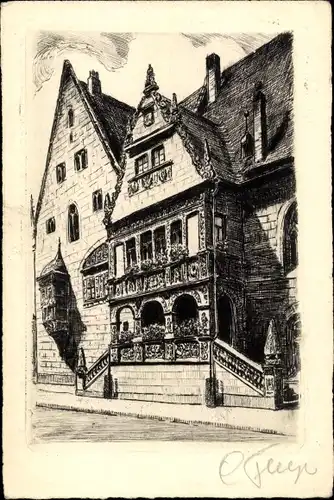 Künstler Ak Halberstadt in Sachsen Anhalt, Fassade und Treppe vom Rathaus