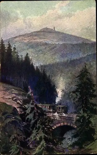 Künstler Ak Schierke Wernigerode im Harz, Panorama, Eisenbahn, Brocken