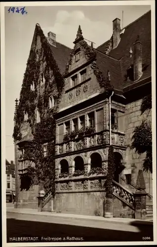 Ak Halberstadt am Harz, Freitreppe am Rathaus