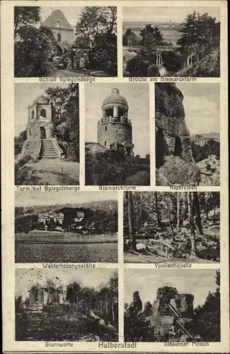 Ak Halberstadt am Harz, Schloss Spiegelsbege, Brücke am Bismarckturm, Sternwarte, Ypsliantiquelle