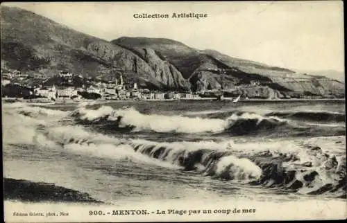 Ak Menton Alpes Maritimes, Strand, Brandung